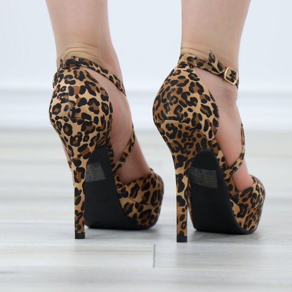 Leopard Faux Suede Platform Open Toe High Heel Stiletto Sandal - Picture 7 of 11